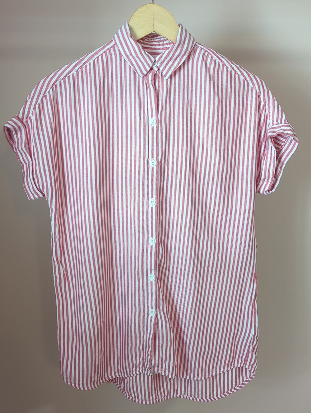 Pink And White Stripe Button-Up Shirt - Casual Short Sleeve